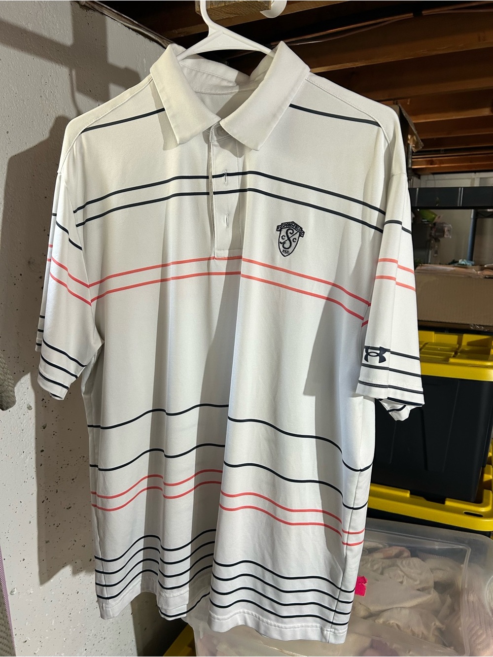 LG White Polo Shirt with Black and Coral Stripes